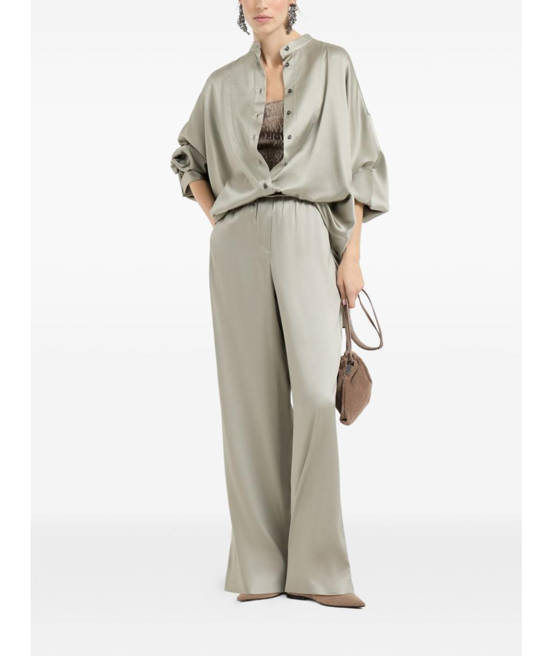 BRUNELLO CUCINELLI Бежевые шелковые прямые брюки, фото 3