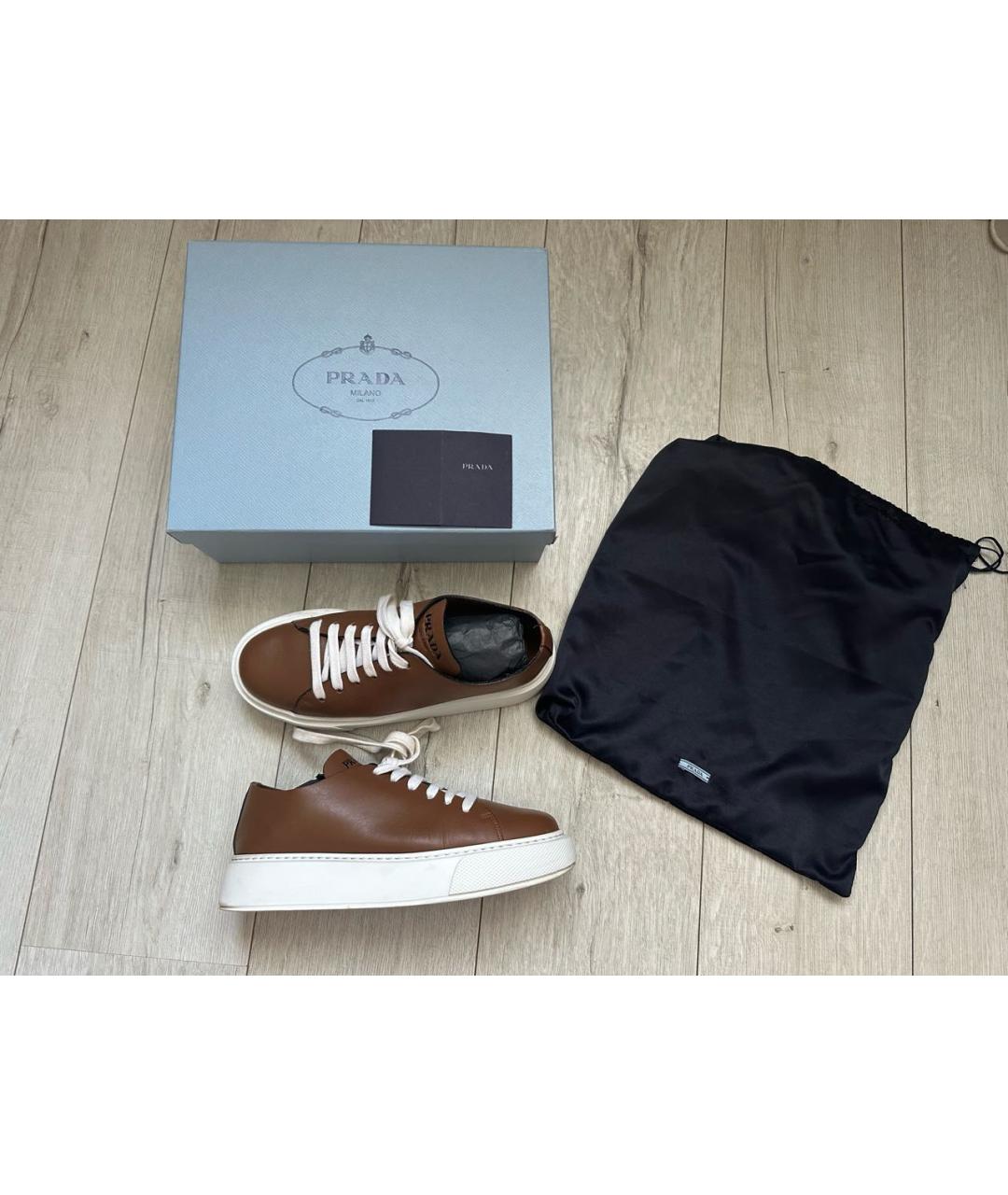 PRADA Коричневые кожаные кеды, фото 8