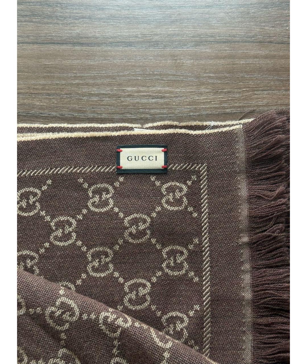 GUCCI Коричневый шерстяной шарф, фото 3