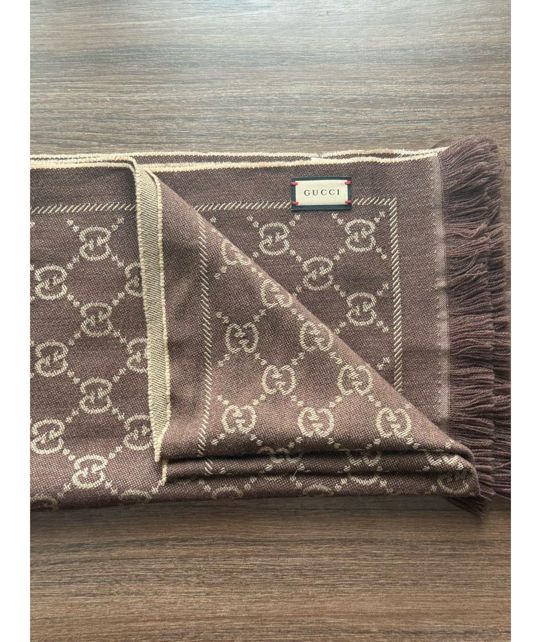GUCCI Коричневый шерстяной шарф, фото 9