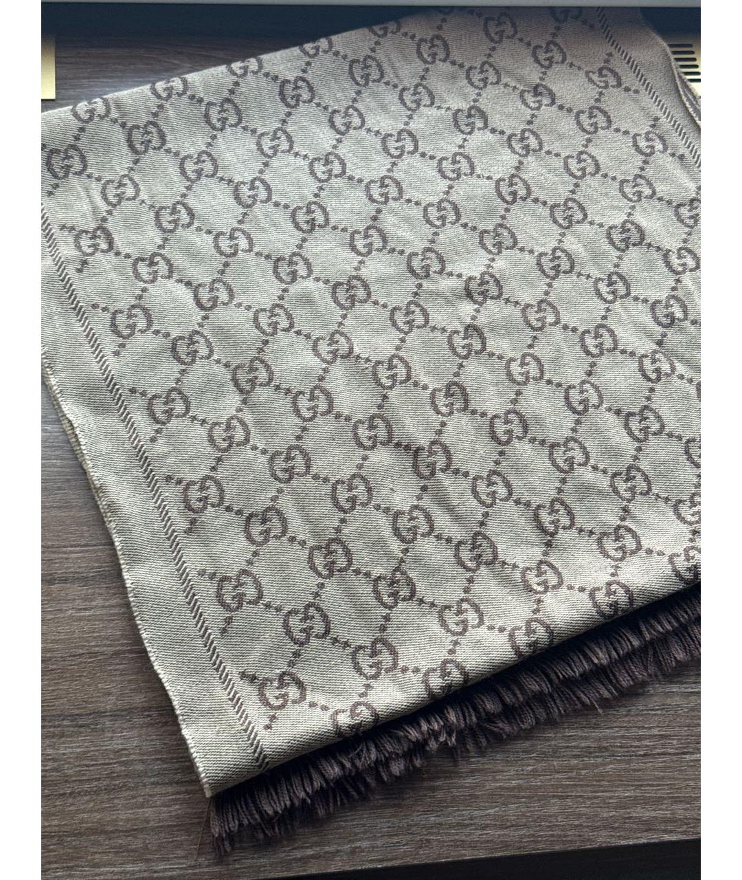 GUCCI Коричневый шерстяной шарф, фото 7