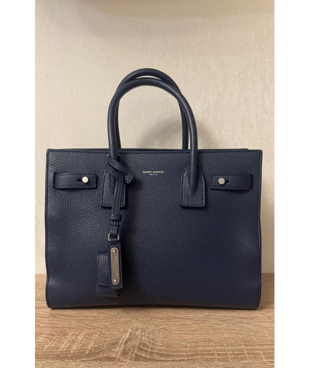 SAINT LAURENT Темно-синяя кожаная сумка с короткими ручками, фото 9