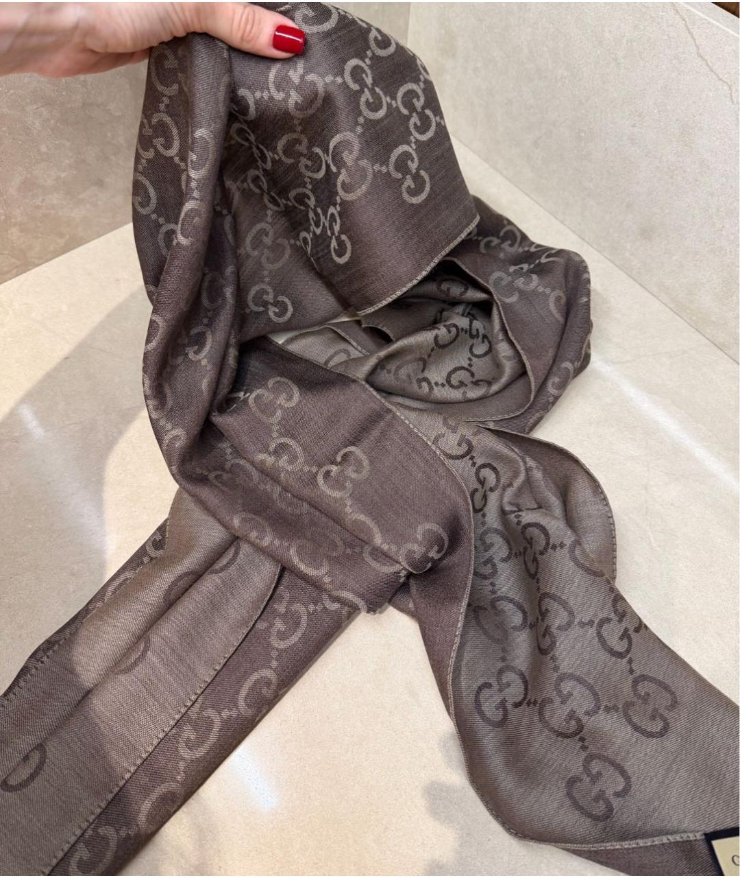 GUCCI Коричневый шерстяной шарф, фото 3