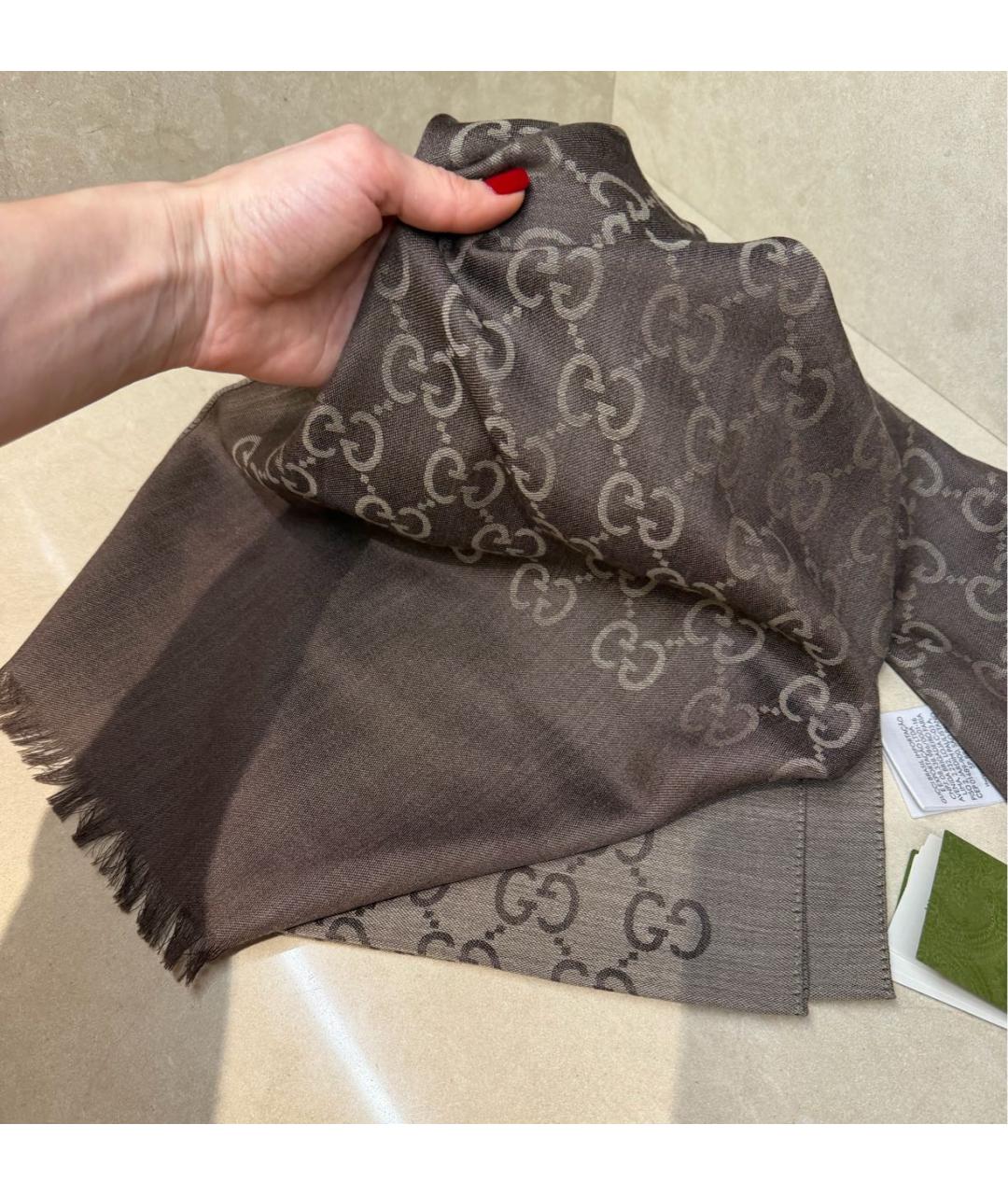 GUCCI Коричневый шерстяной шарф, фото 5