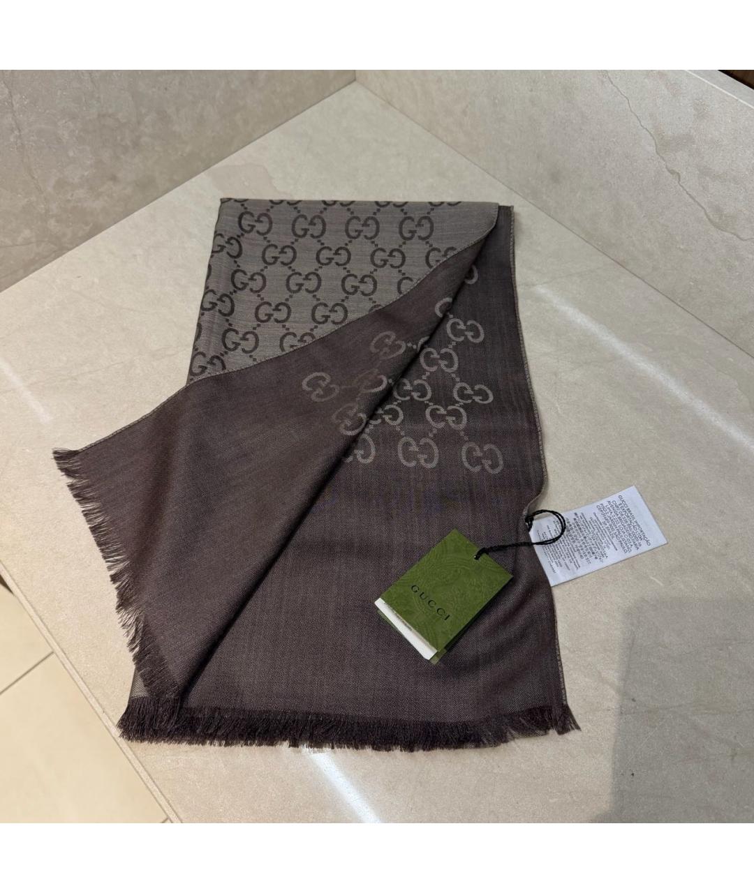 GUCCI Коричневый шерстяной шарф, фото 7