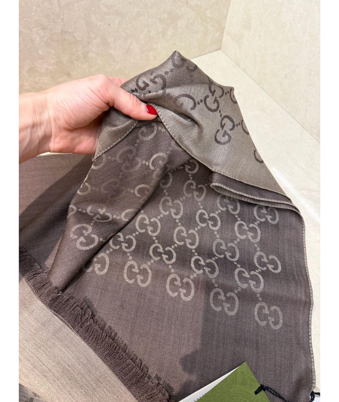 GUCCI Коричневый шерстяной шарф, фото 6