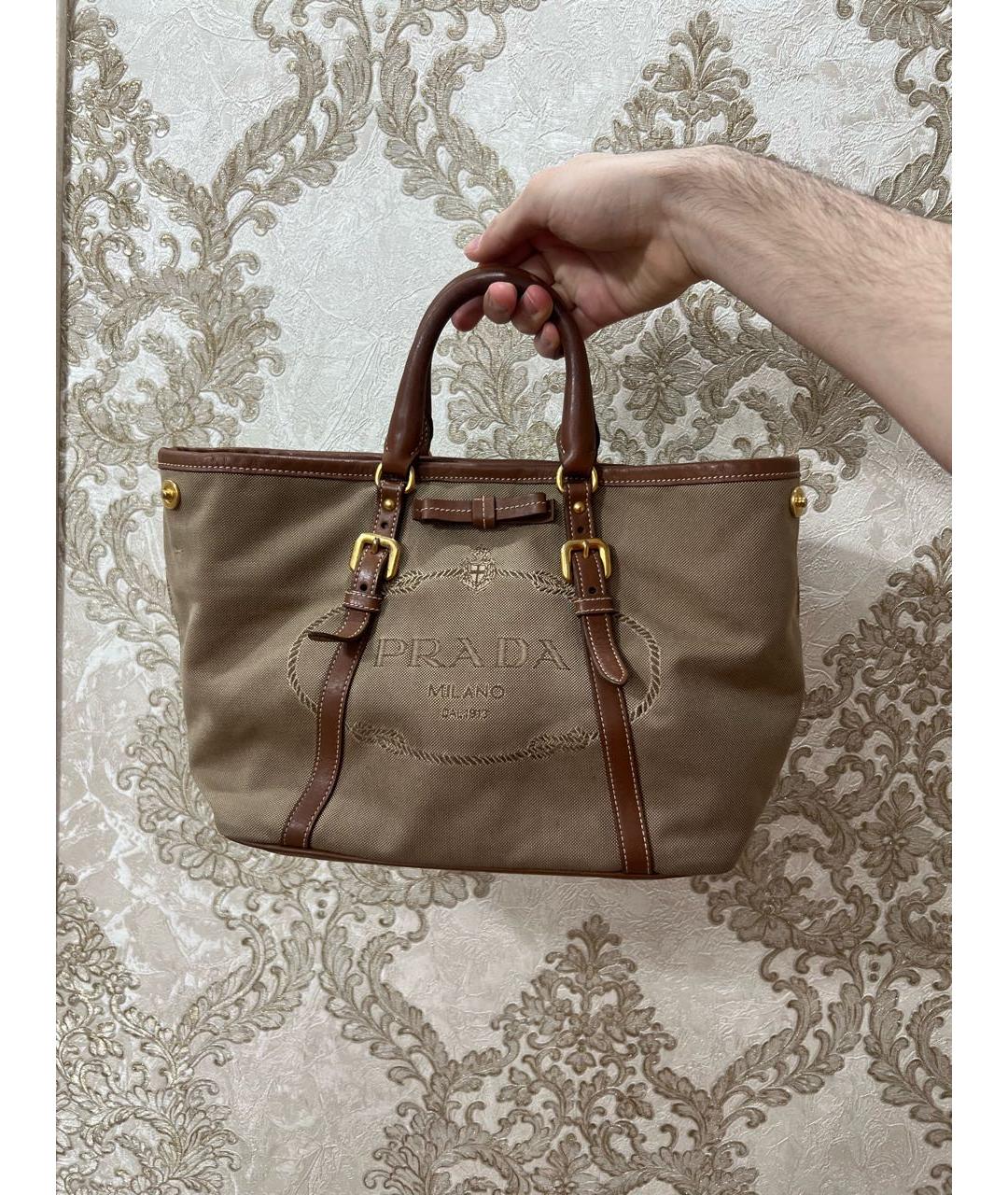 PRADA Коричневая тканевая сумка с короткими ручками, фото 6