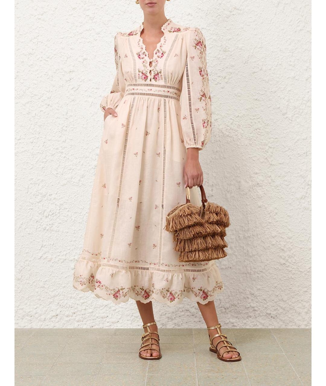 ZIMMERMANN Бежевое льняное повседневное платье, фото 2