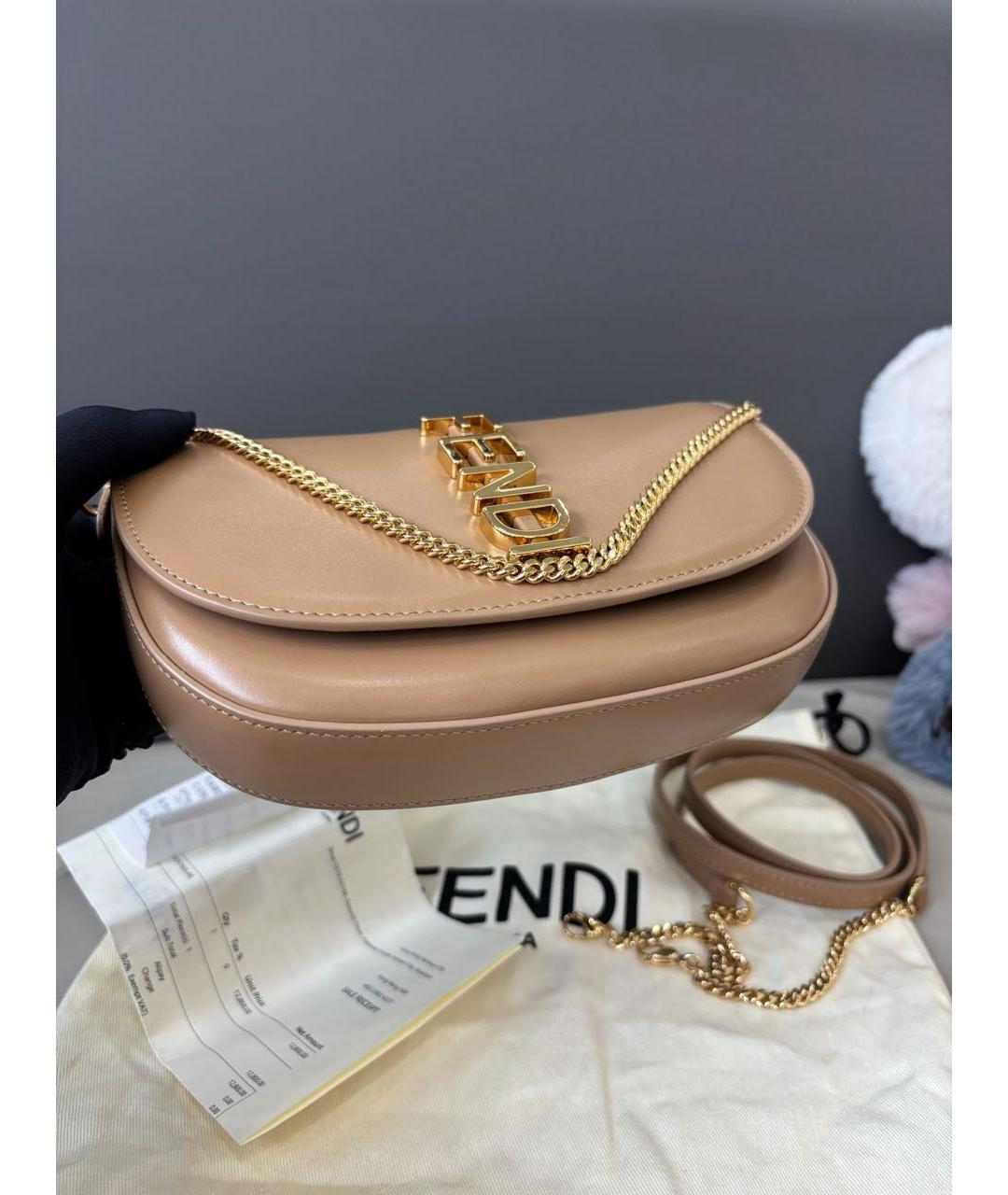 FENDI Бежевая кожаная сумка через плечо, фото 5