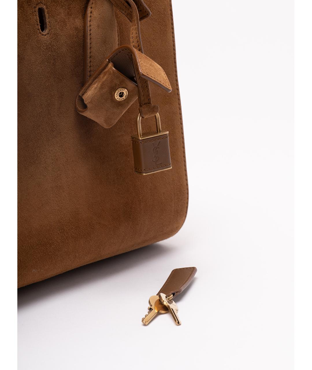SAINT LAURENT Коричневая замшевая сумка с короткими ручками, фото 5