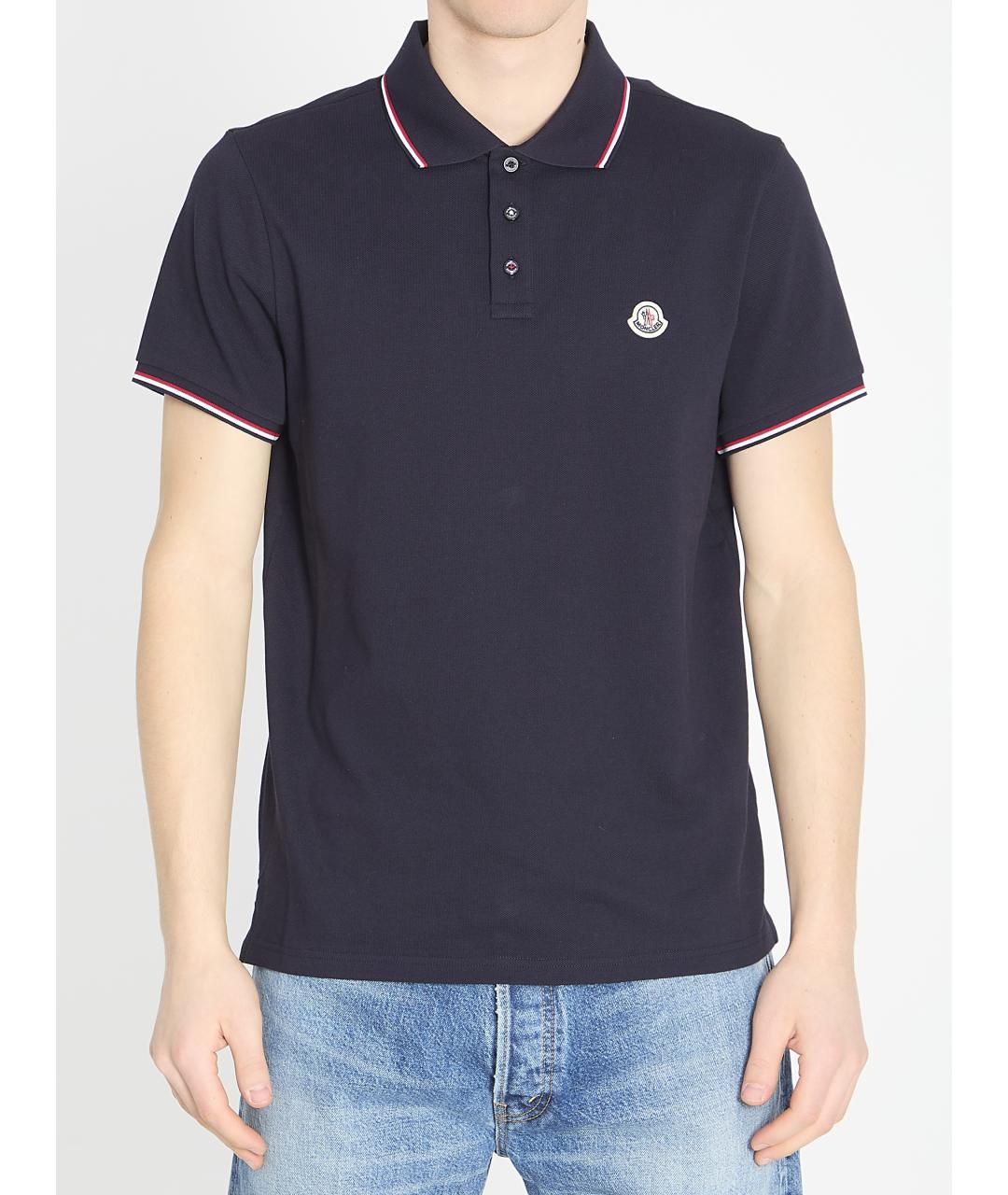MONCLER Синее хлопковое поло с коротким рукавом, фото 4