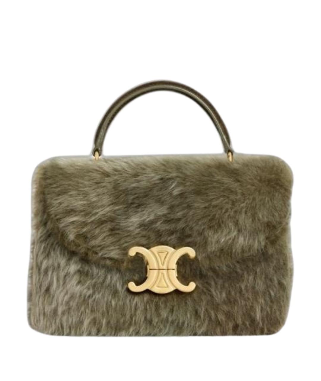 CELINE Хаки меховая сумка с короткими ручками, фото 1