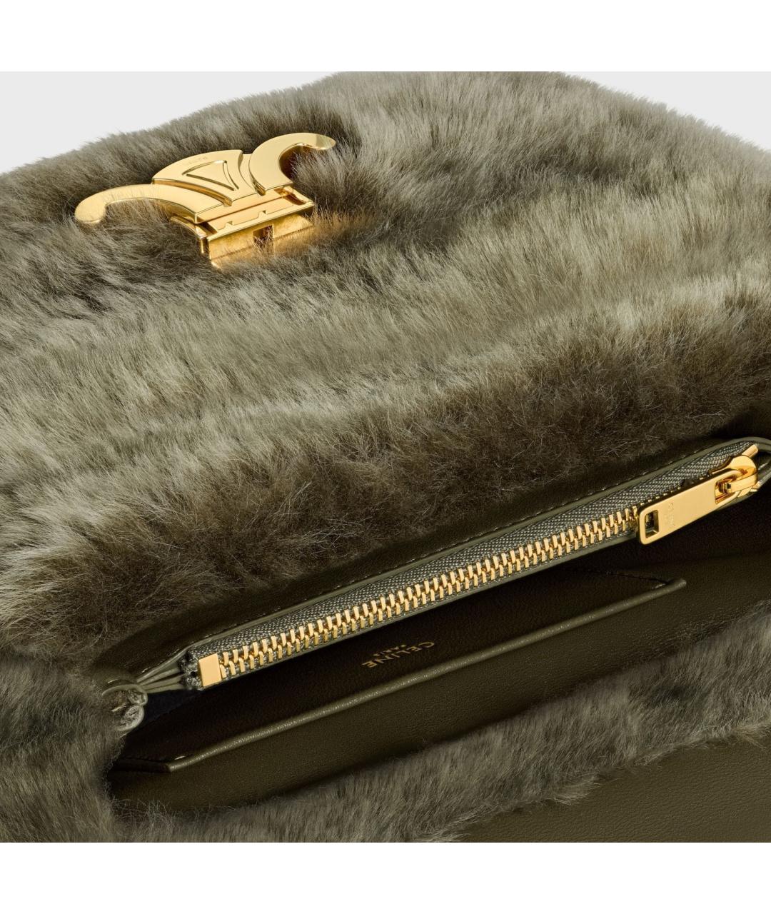 CELINE Хаки меховая сумка с короткими ручками, фото 4