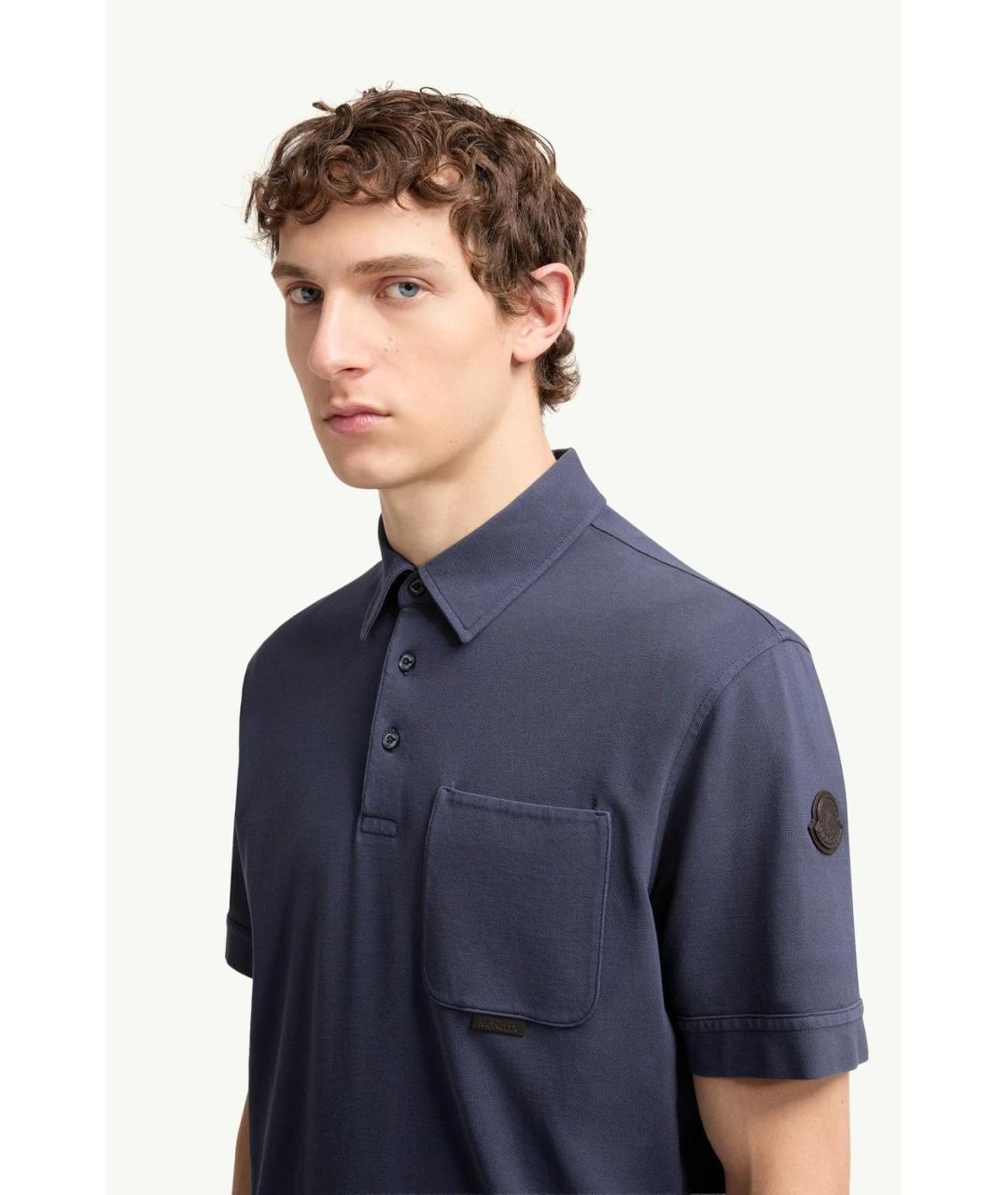 MONCLER Синее хлопковое поло с коротким рукавом, фото 3