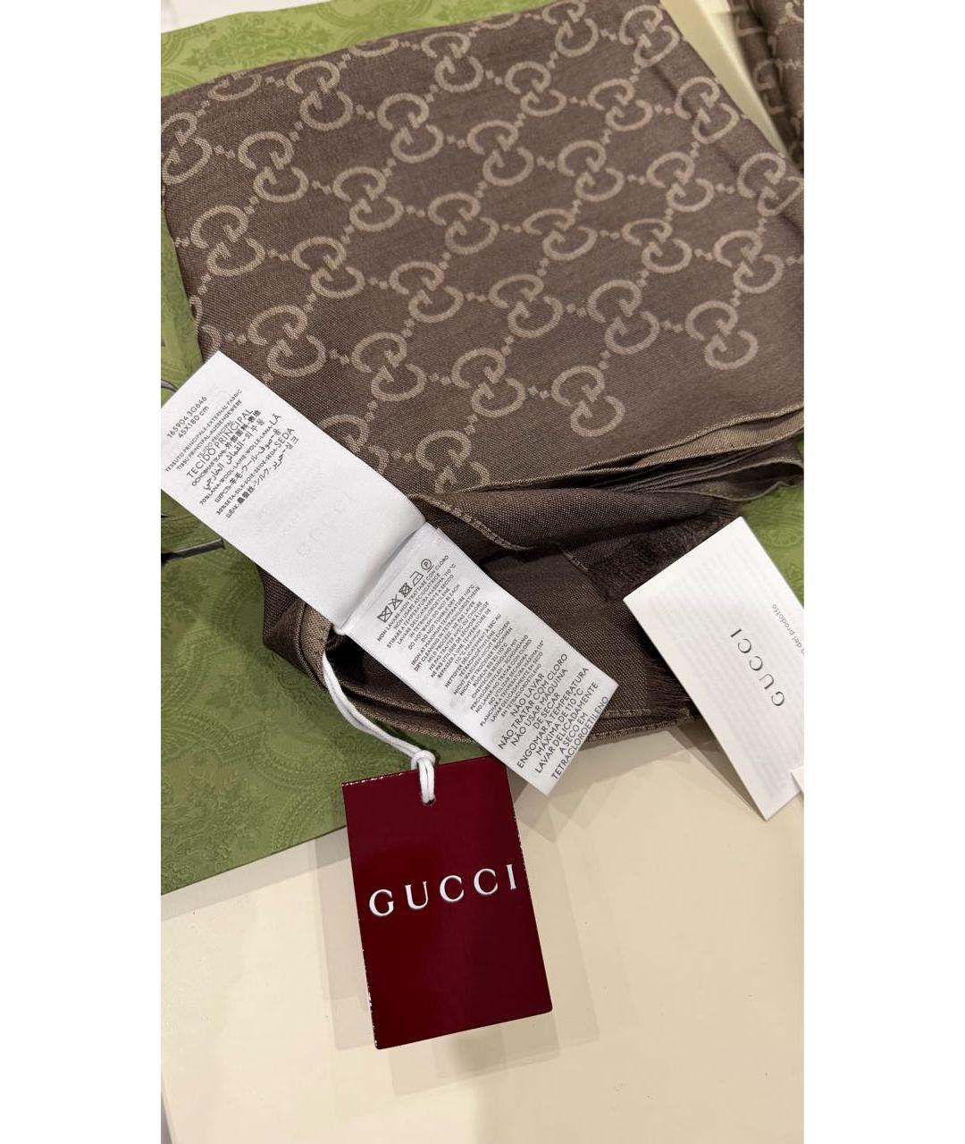 GUCCI Коричневый шерстяной шарф, фото 4