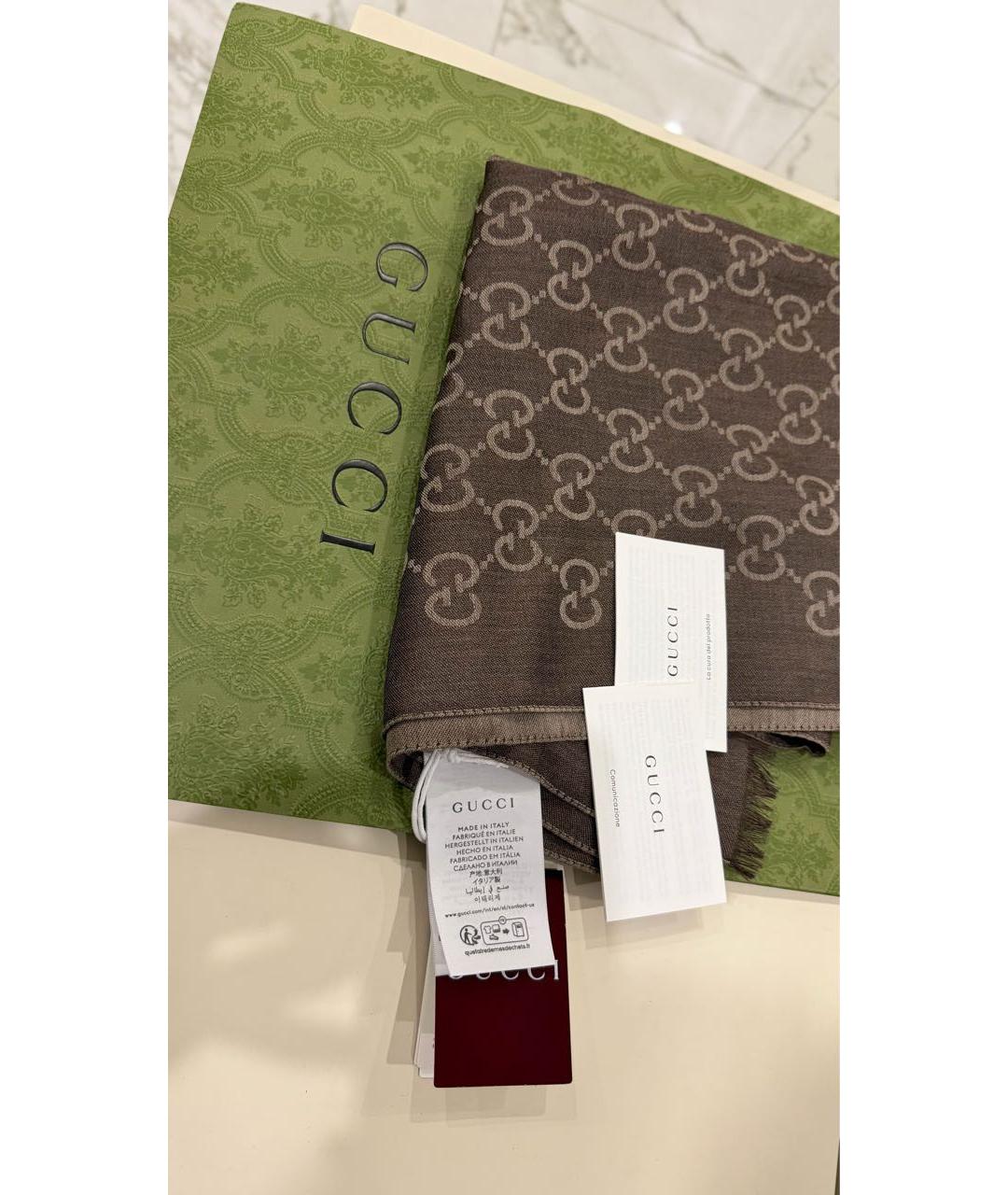 GUCCI Коричневый шерстяной шарф, фото 3