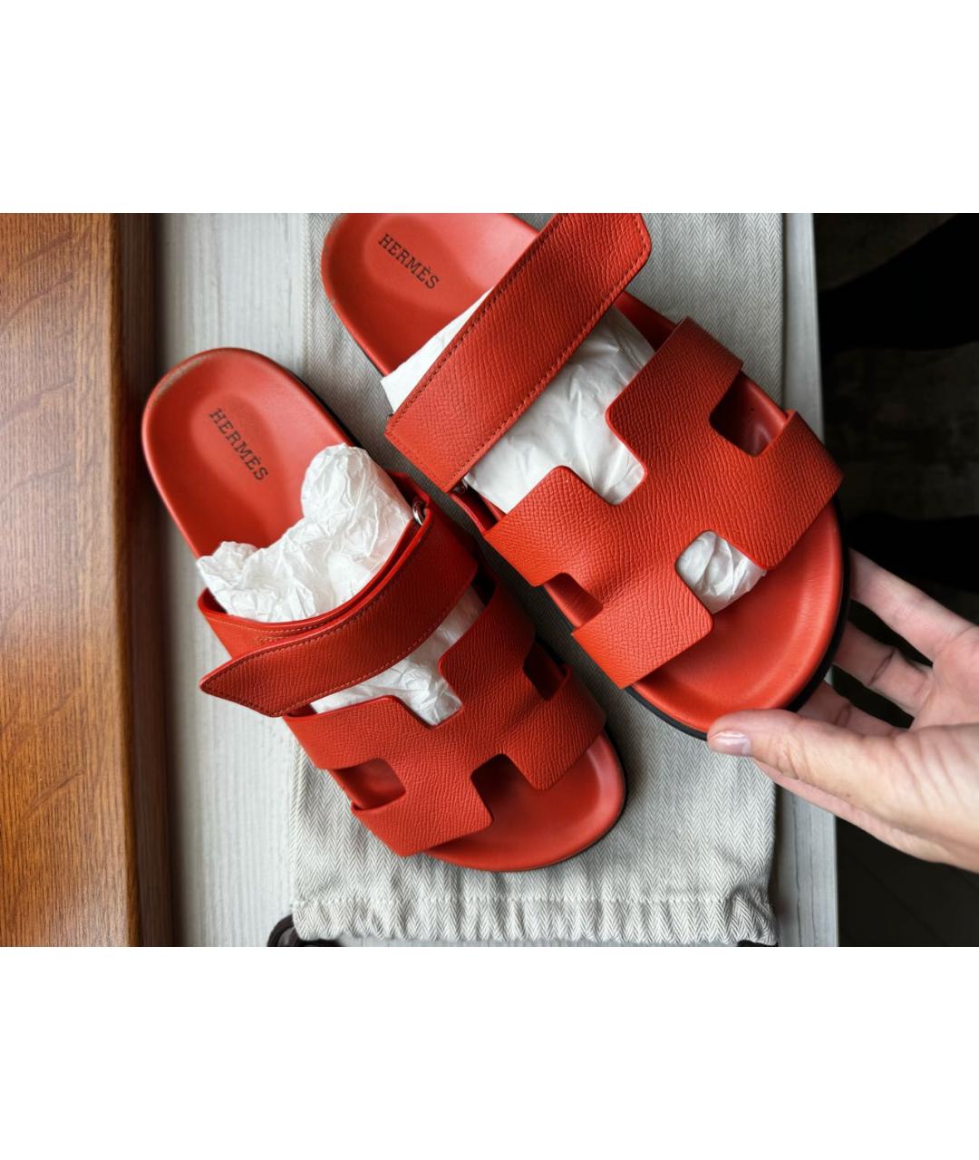 HERMES Оранжевое кожаные шлепанцы, фото 2
