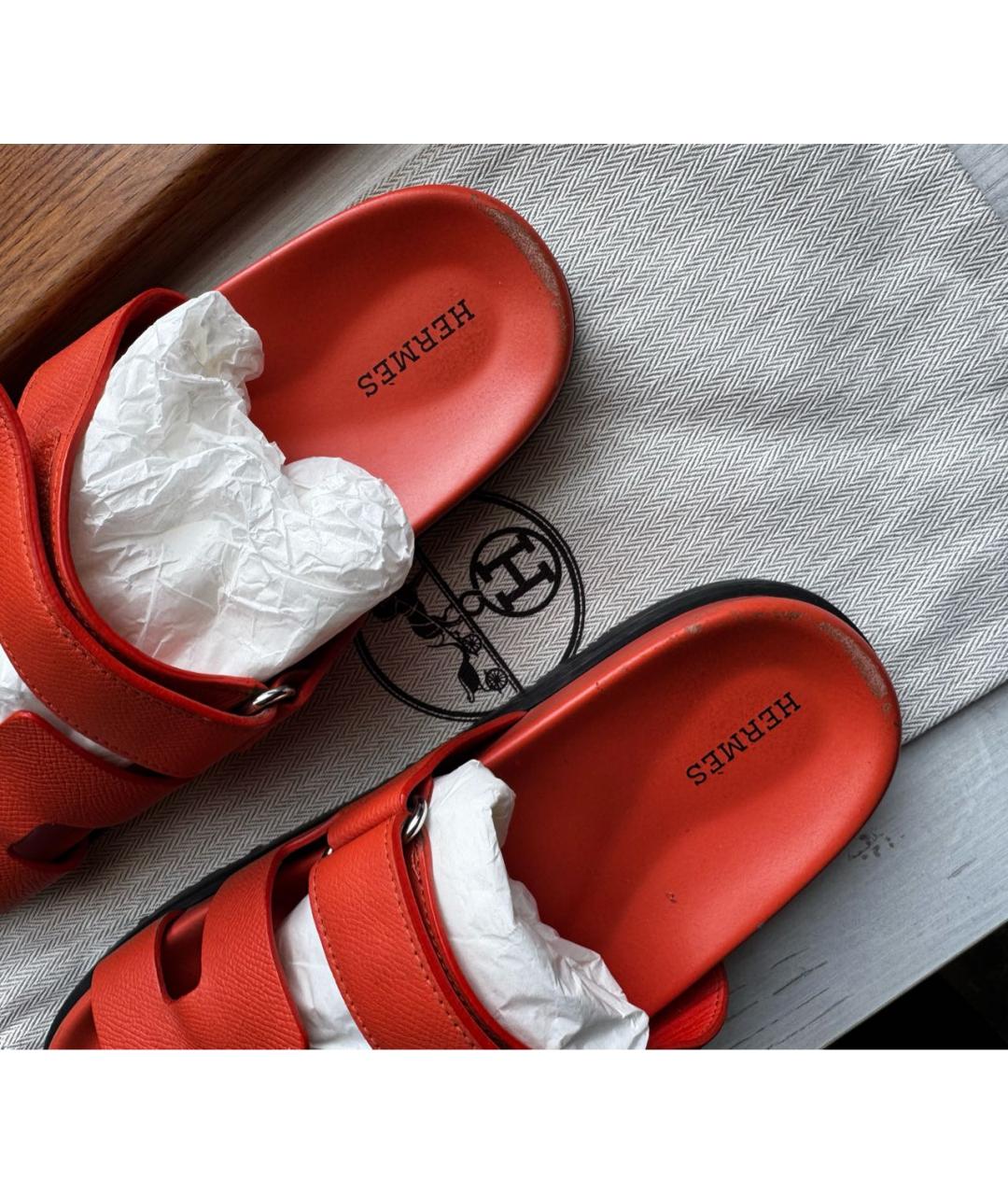 HERMES Оранжевое кожаные шлепанцы, фото 6