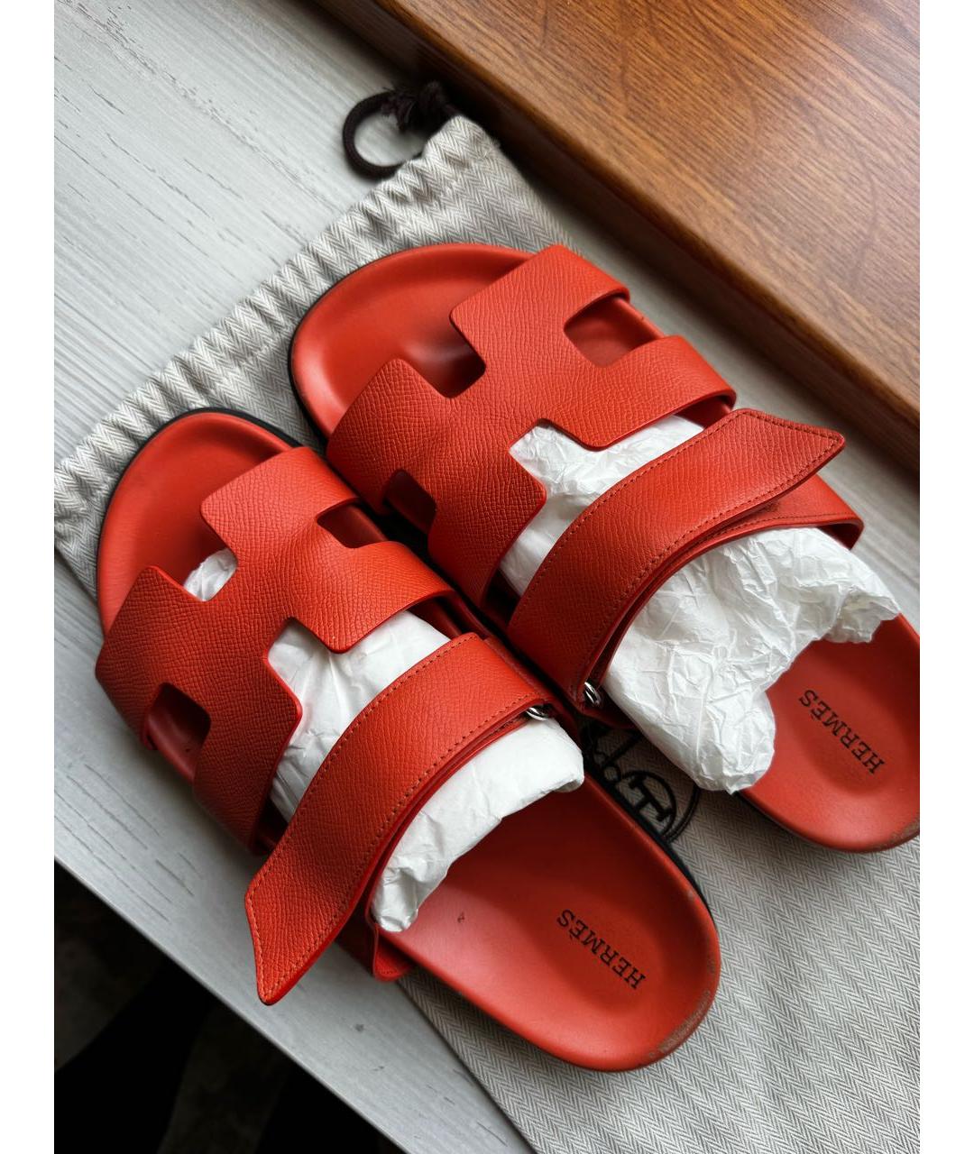 HERMES Оранжевое кожаные шлепанцы, фото 9