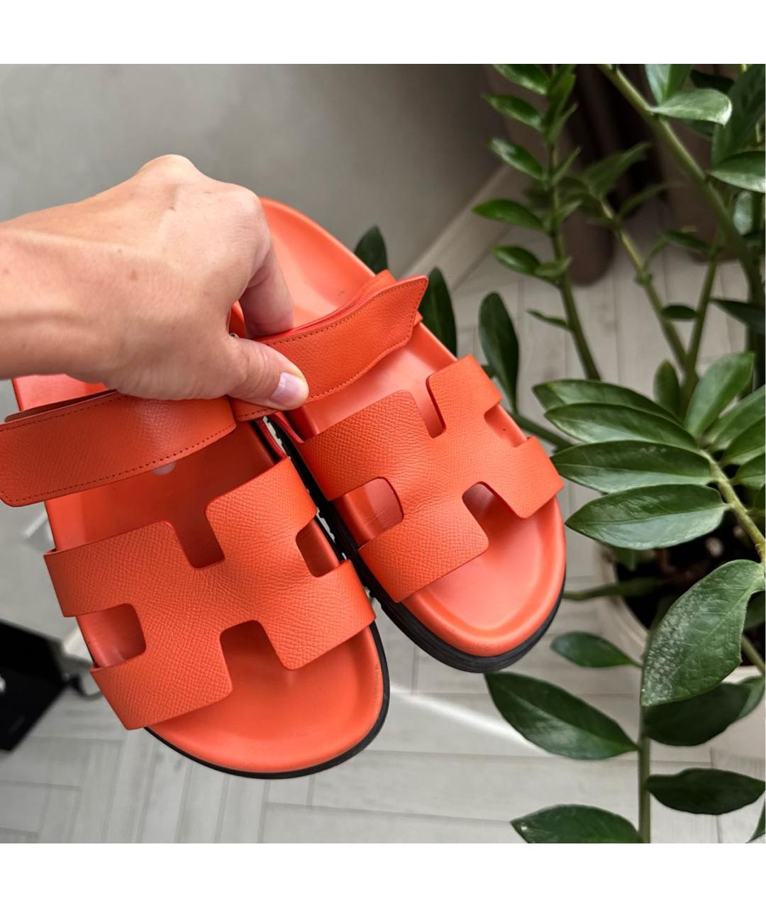 HERMES Оранжевое кожаные шлепанцы, фото 3