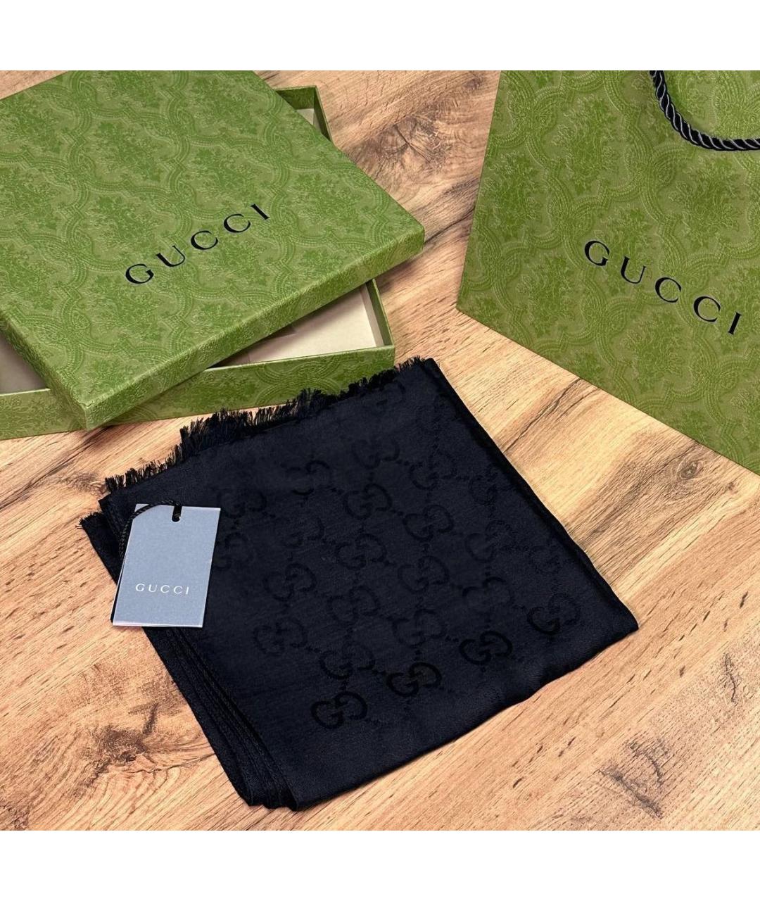 GUCCI Черный шерстяной шарф, фото 3