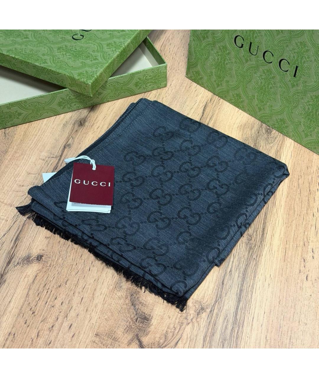 GUCCI Черный шерстяной шарф, фото 3