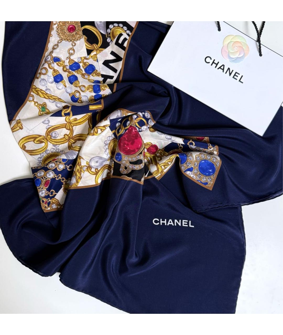 CHANEL Темно-синий шелковый платок, фото 5