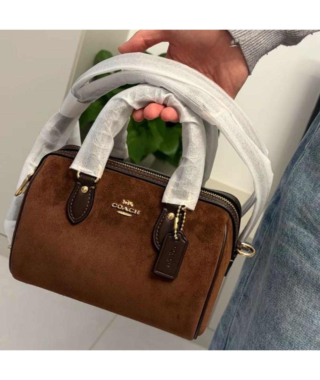 COACH Коричневая замшевая сумка с короткими ручками, фото 5