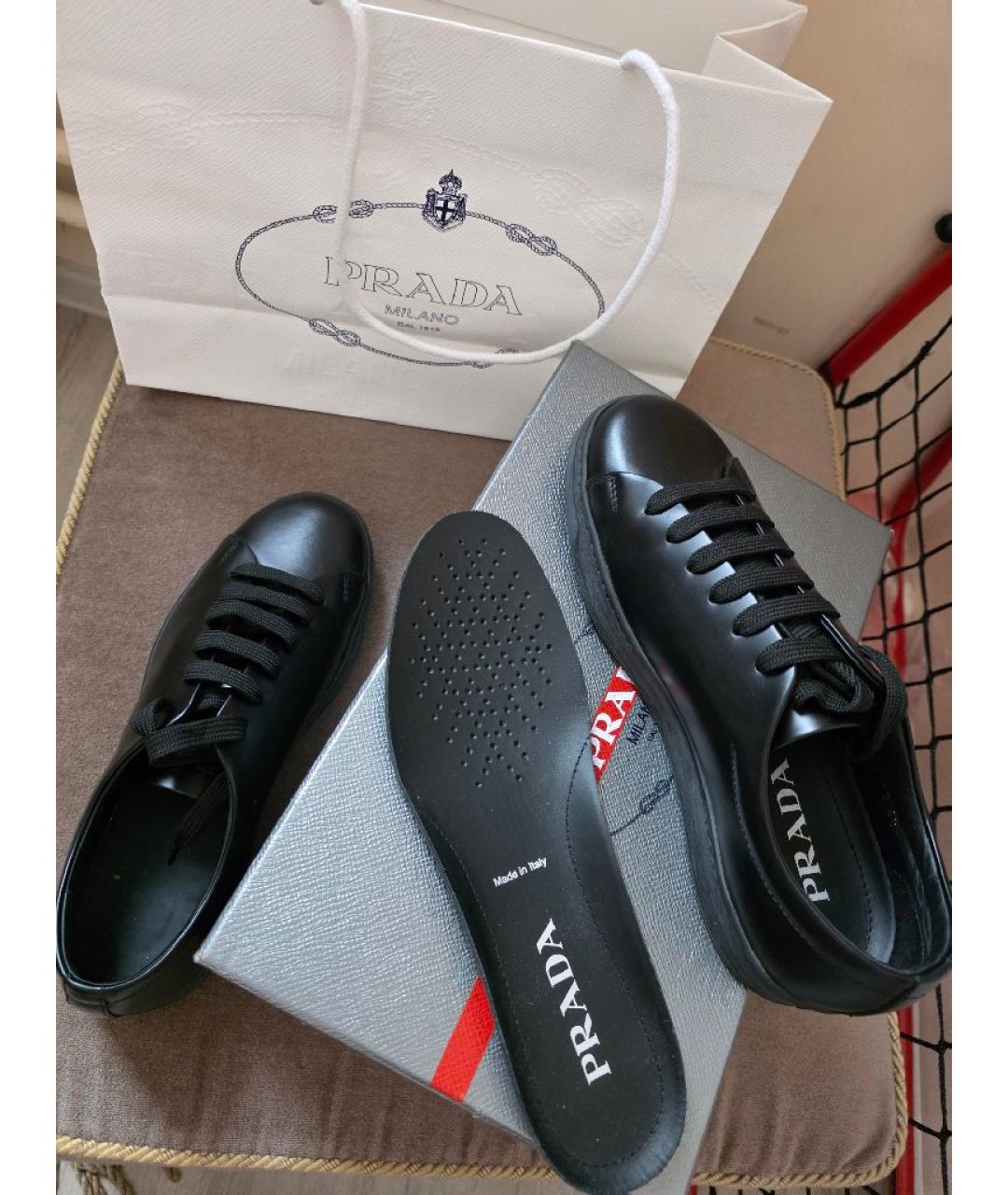 PRADA Черные кожаные низкие кроссовки / кеды, фото 5