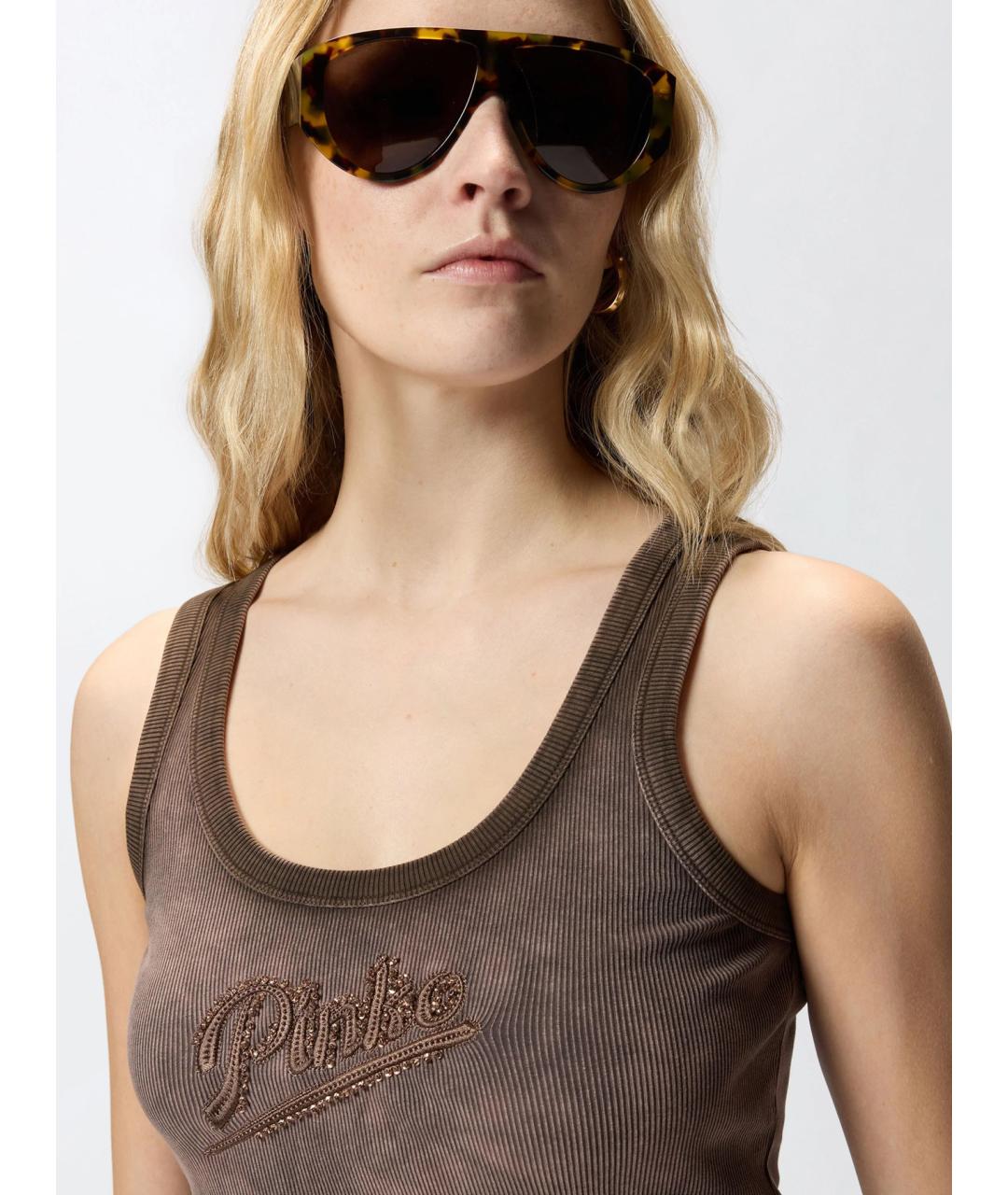 PINKO Коричневая хлопковая майка, фото 5