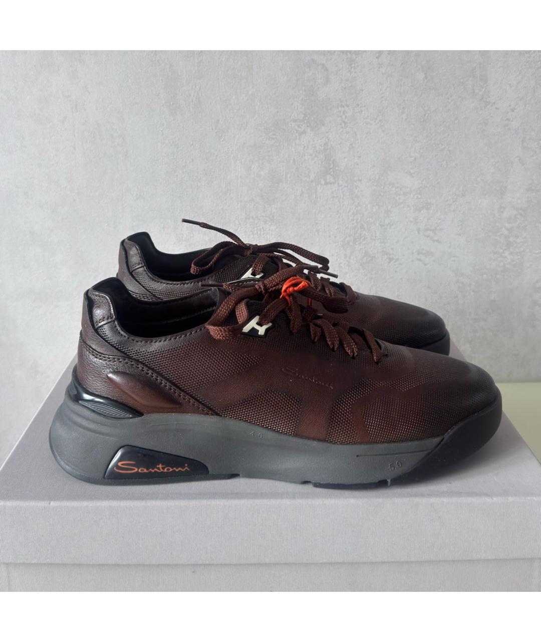 SANTONI Коричневые кожаные низкие кроссовки / кеды, фото 8