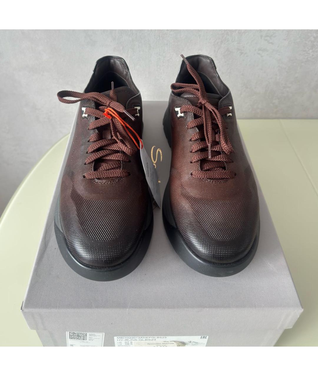 SANTONI Коричневые кожаные низкие кроссовки / кеды, фото 2