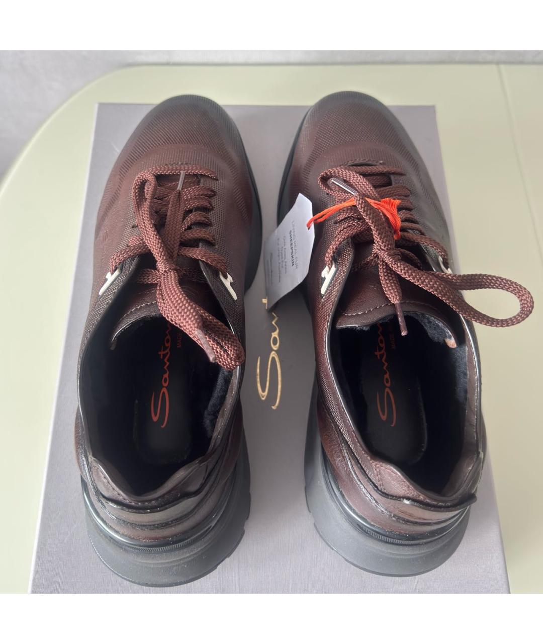 SANTONI Коричневые кожаные низкие кроссовки / кеды, фото 3
