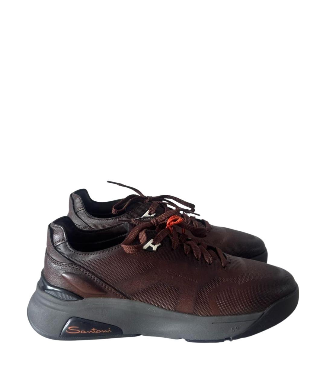 SANTONI Коричневые кожаные низкие кроссовки / кеды, фото 1