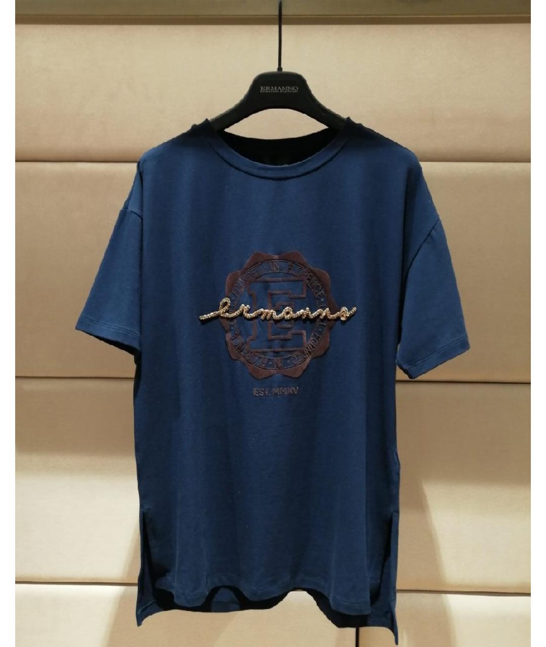 ERMANNO SCERVINO Темно-синяя хлопковая футболка, фото 3