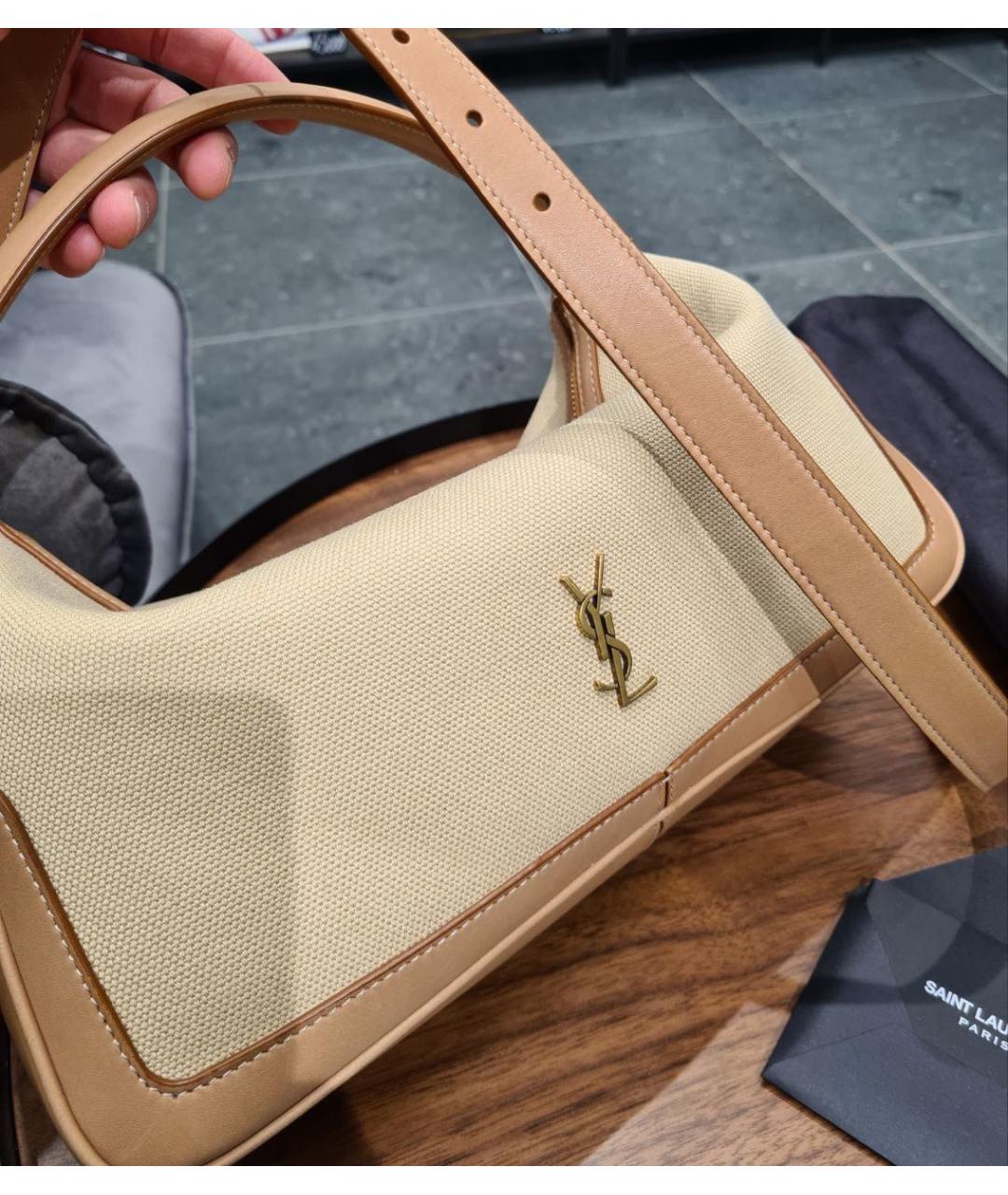 SAINT LAURENT Бежевая кожаная сумка с короткими ручками, фото 5