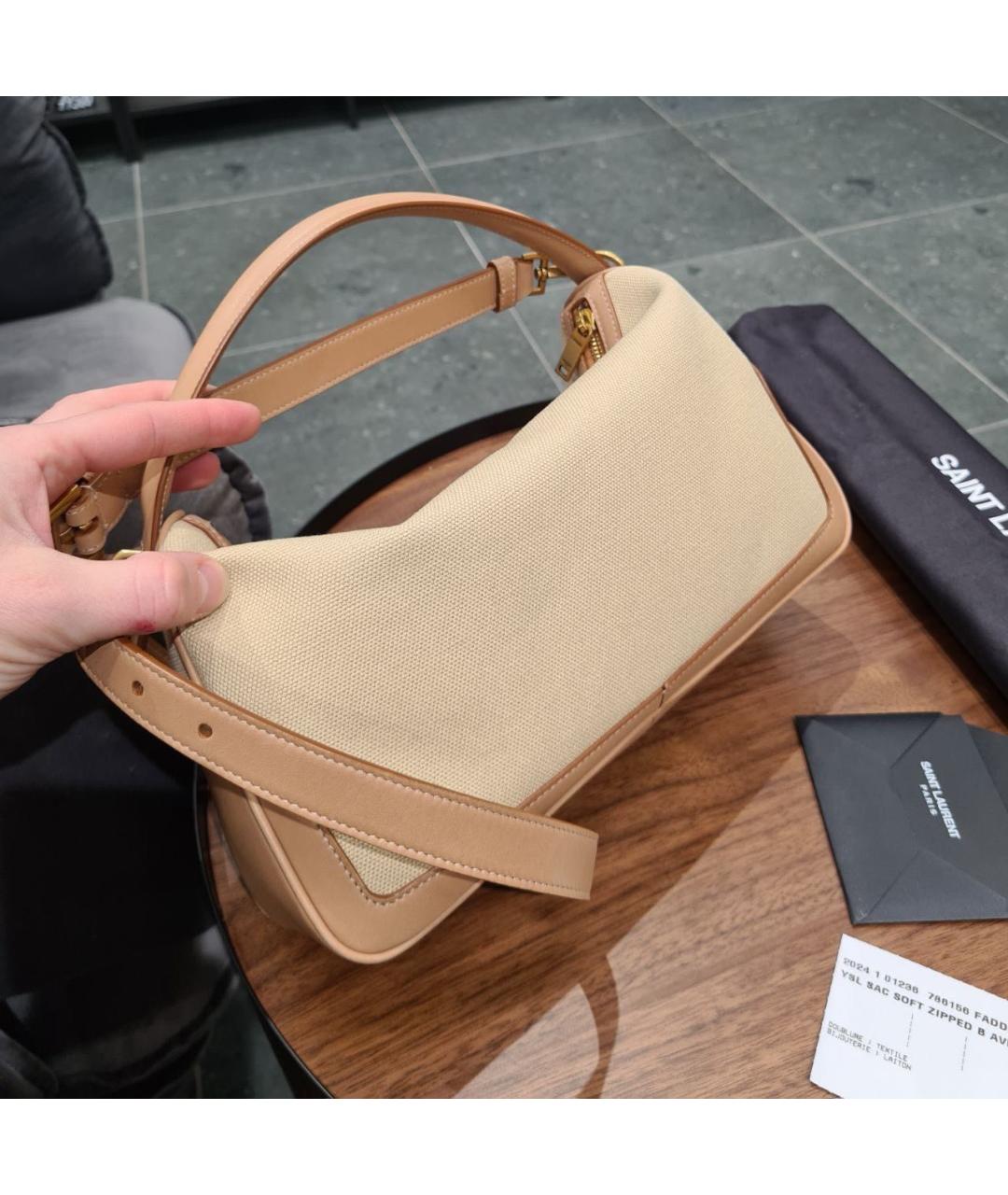 SAINT LAURENT Бежевая кожаная сумка с короткими ручками, фото 7
