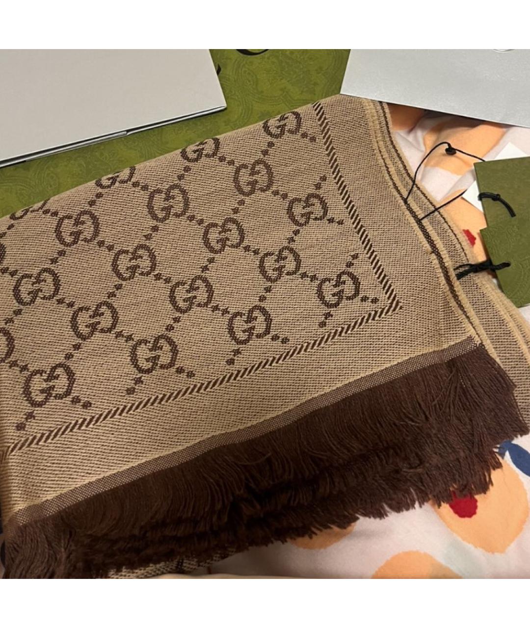 GUCCI Коричневый шерстяной шарф, фото 7