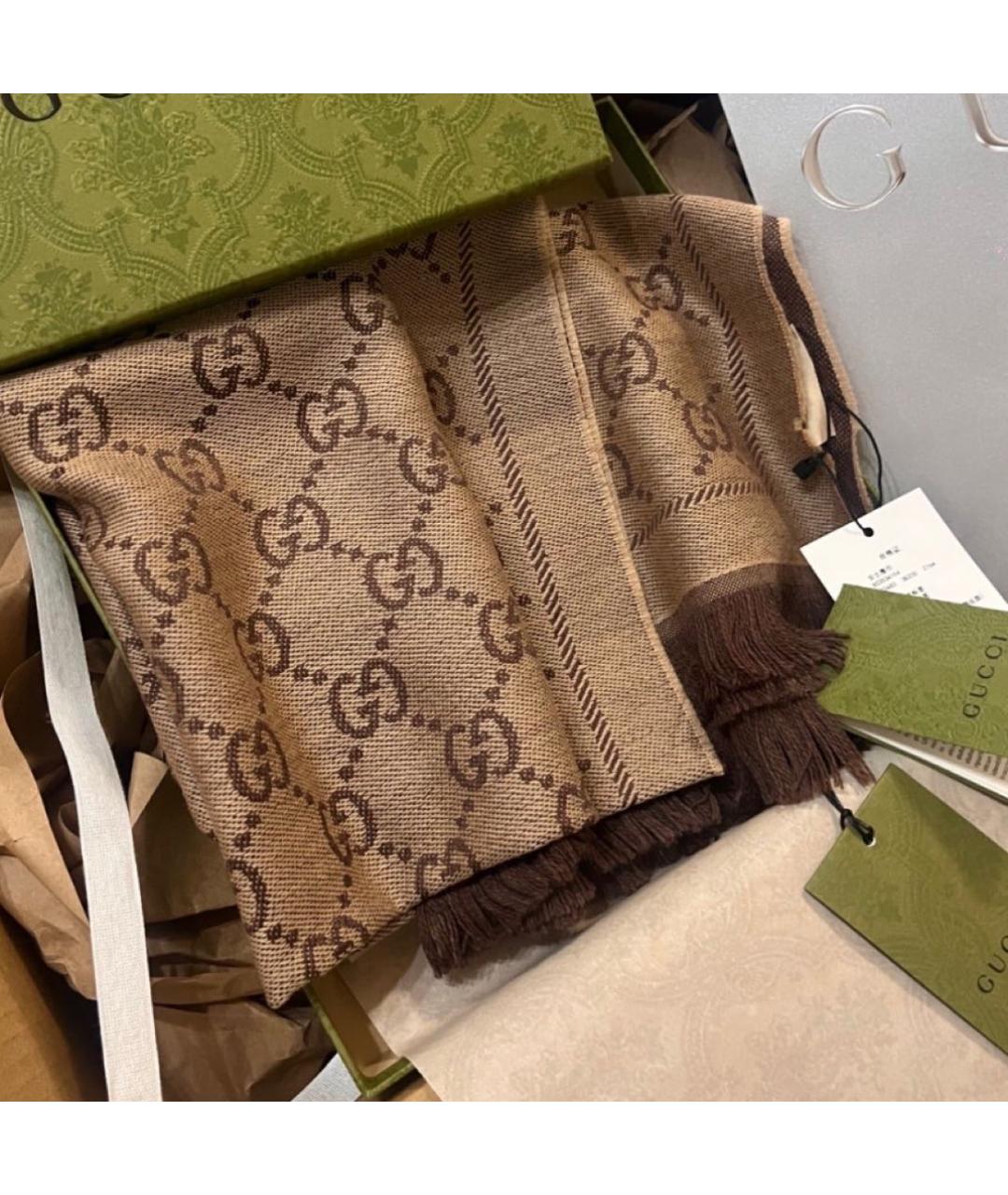 GUCCI Коричневый шерстяной шарф, фото 6
