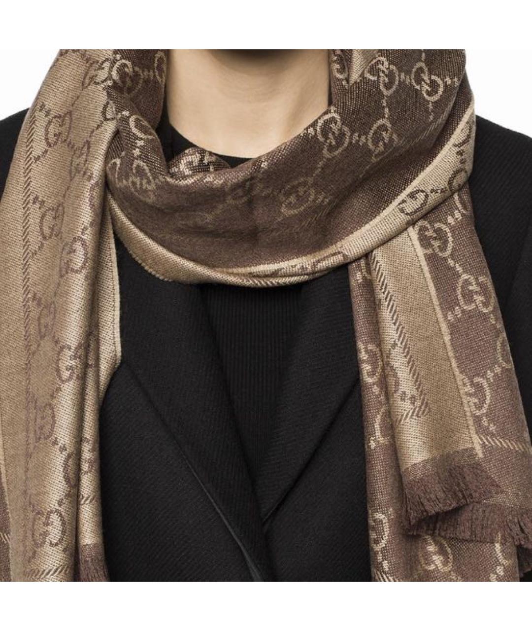 GUCCI Коричневый шерстяной шарф, фото 4