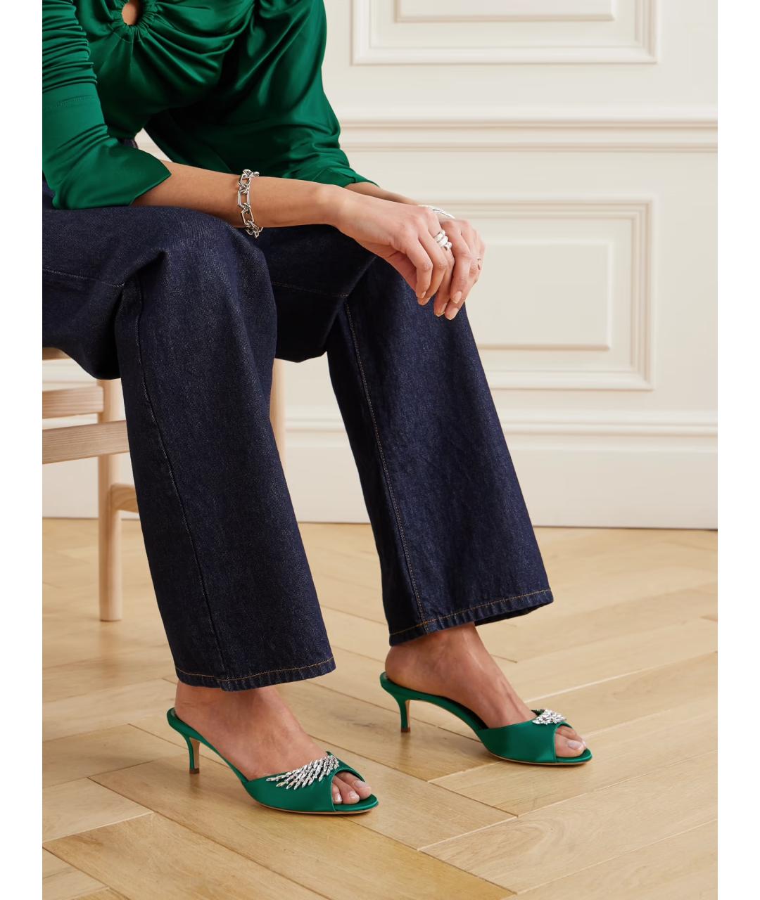 MANOLO BLAHNIK Зеленые текстильные мюли, фото 2