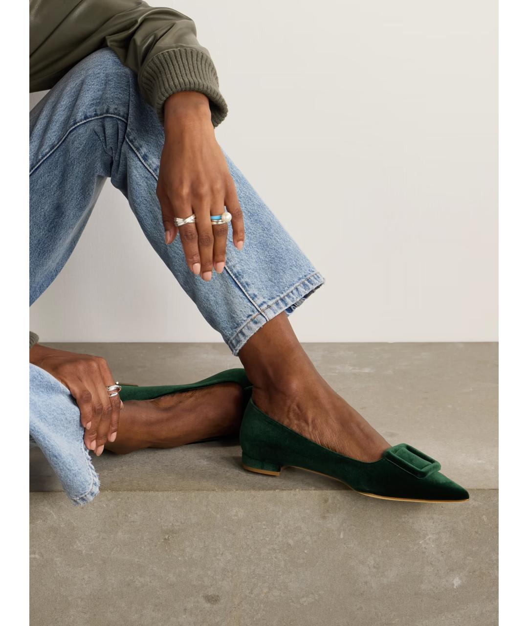 MANOLO BLAHNIK Зеленые бархатные балетки, фото 2