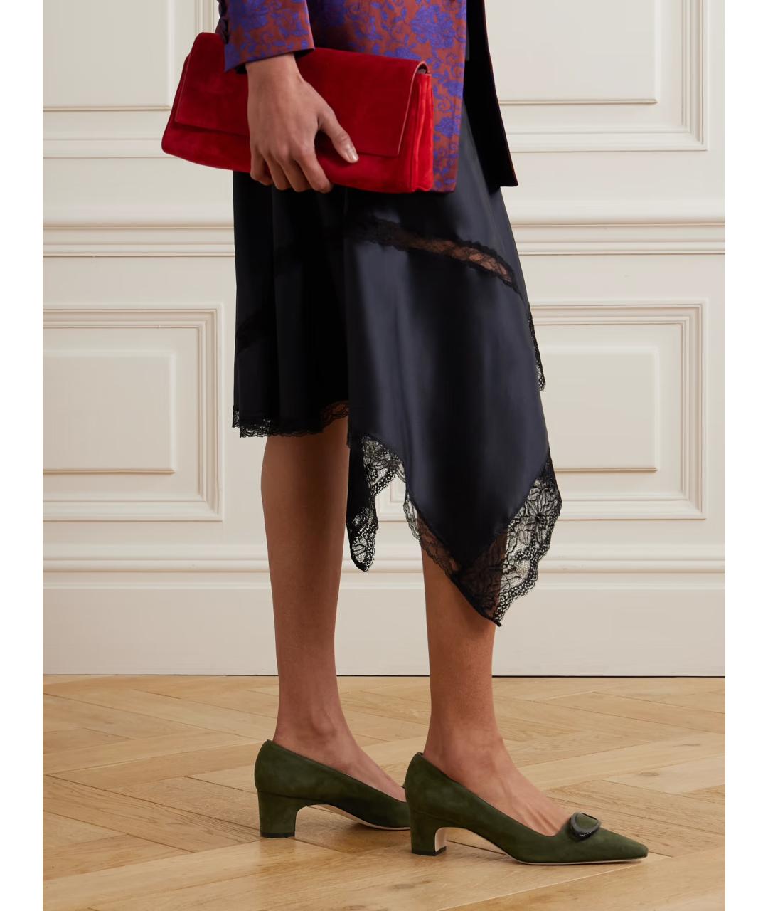 MANOLO BLAHNIK Зеленые замшевые лодочки на низком каблуке, фото 2