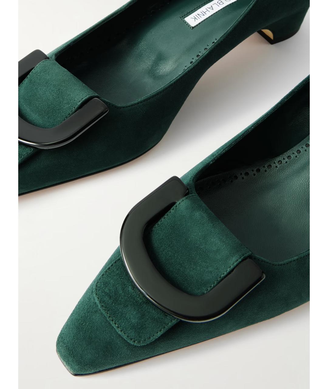 MANOLO BLAHNIK Зеленые замшевые лодочки на низком каблуке, фото 3