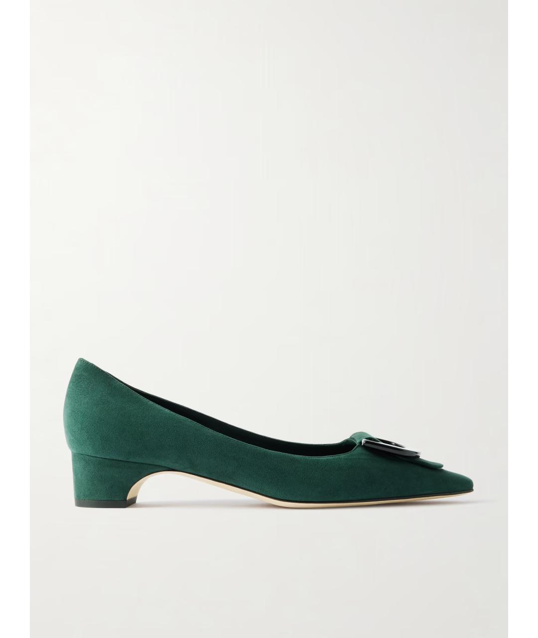 MANOLO BLAHNIK Зеленые замшевые лодочки на низком каблуке, фото 5