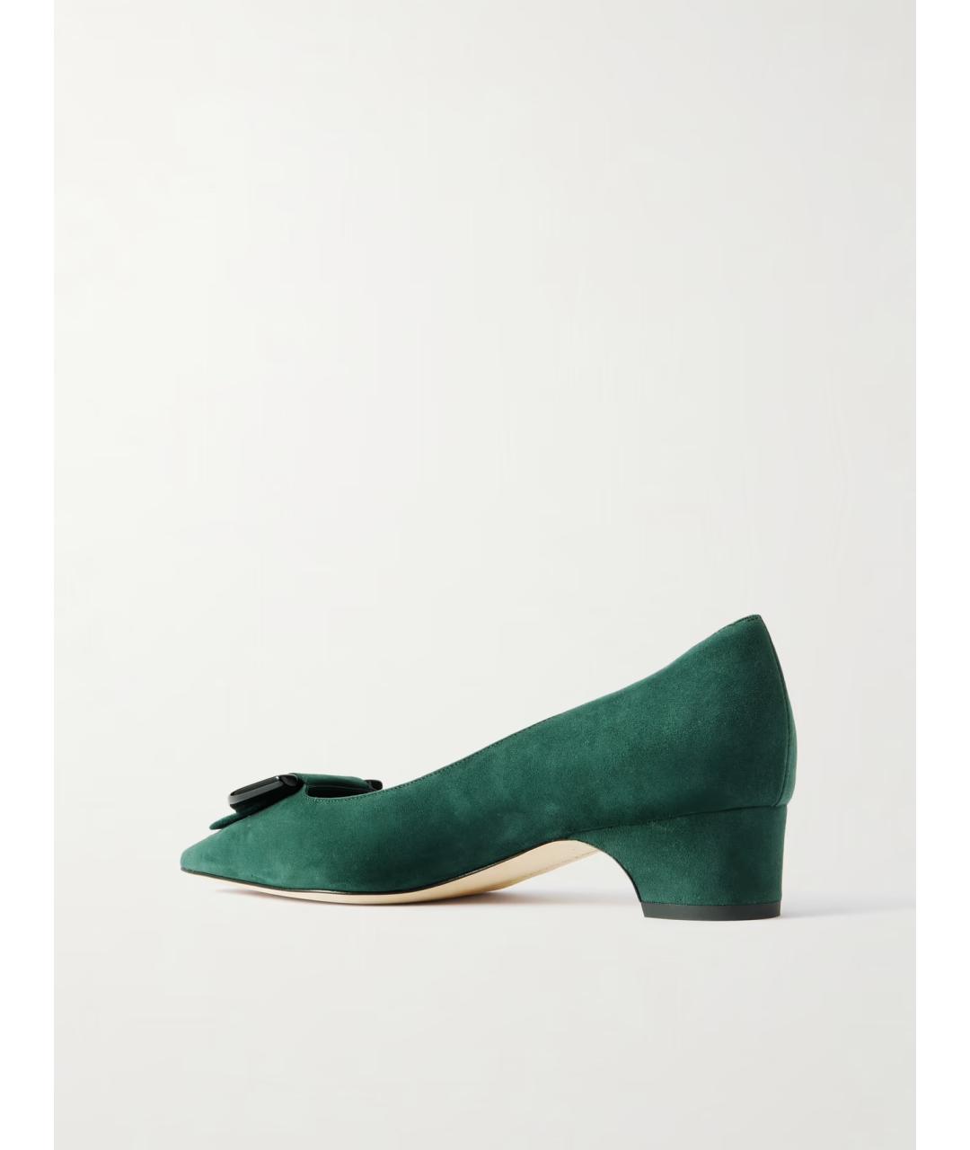 MANOLO BLAHNIK Зеленые замшевые лодочки на низком каблуке, фото 4