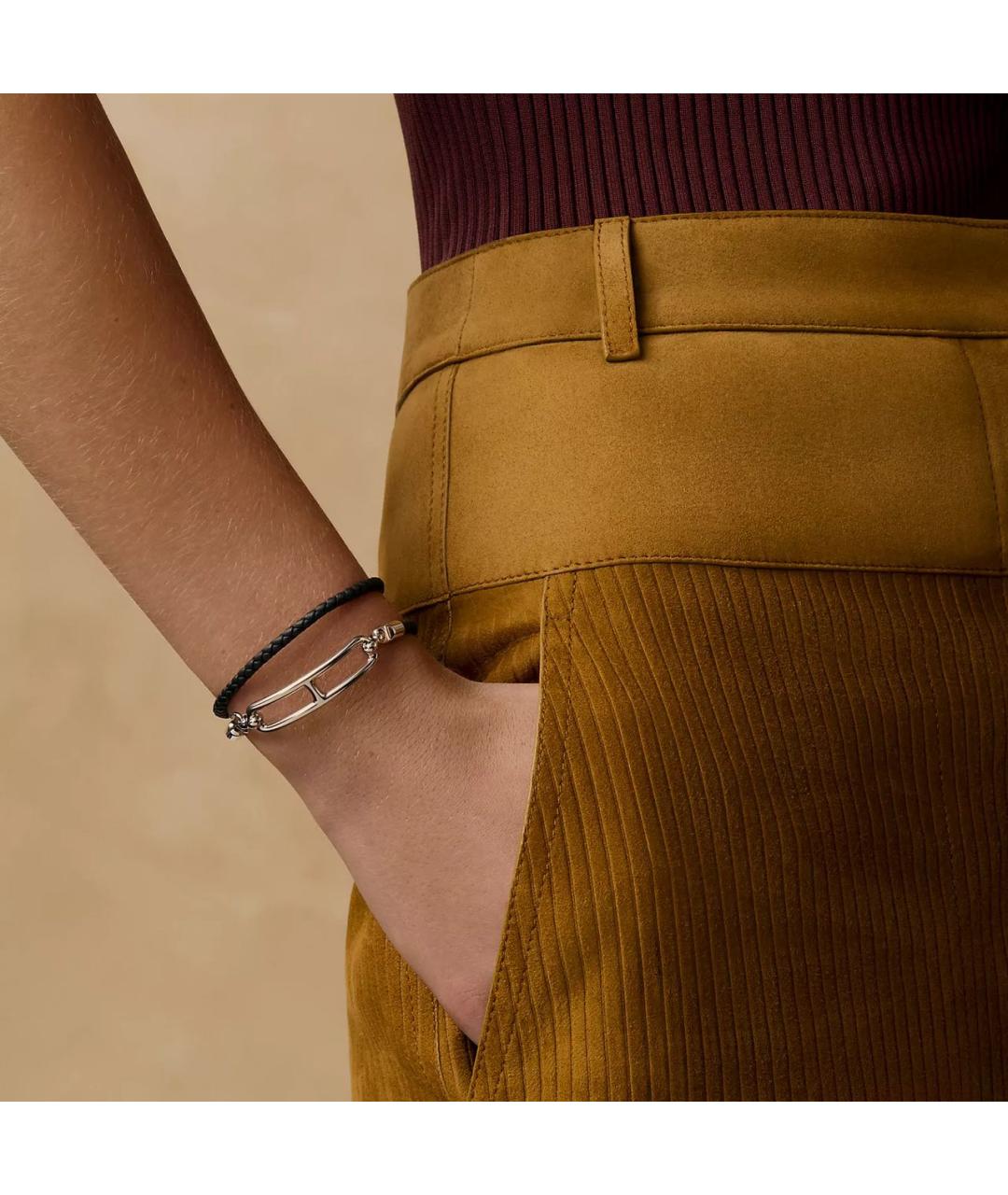 HERMES Черный кожаный браслет, фото 2