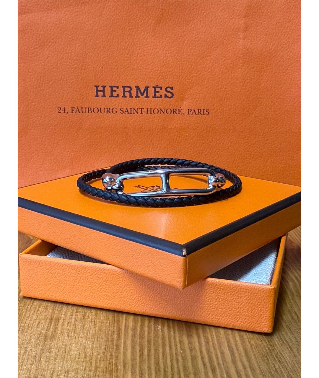 HERMES Черный кожаный браслет, фото 4