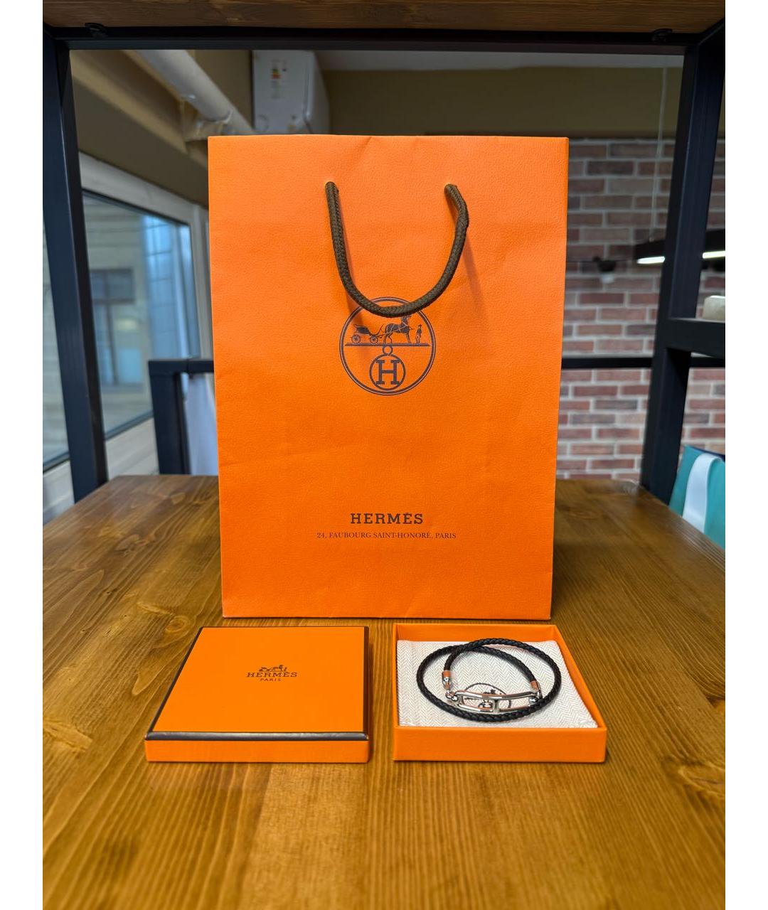 HERMES Черный кожаный браслет, фото 3