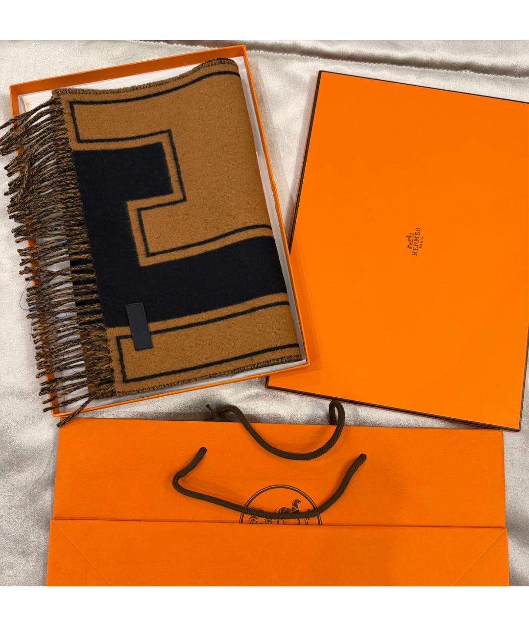 HERMES Коричневый кашемировый шарф, фото 2